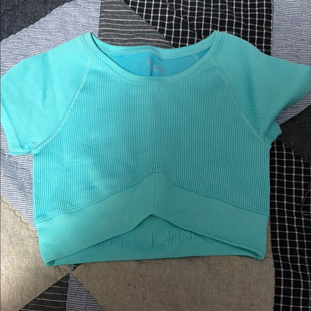 Crop Ribbed Short Sleeve Top in Teal - Unbranded
